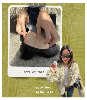 Person holding a shoe with a close-up inset and text 'more of this happy feet, happy life' on a textured yellow background.