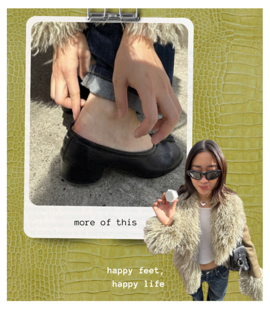 Person holding a shoe with a close-up inset and text 'more of this happy feet, happy life' on a textured yellow background.